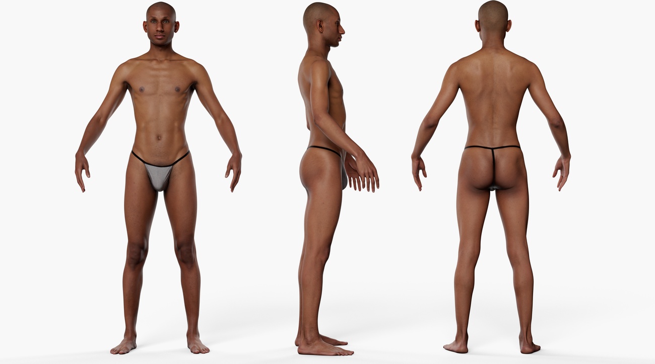Full body 3D scan of a lean athletic male with smooth skin, retopologised quad mesh, front and side views